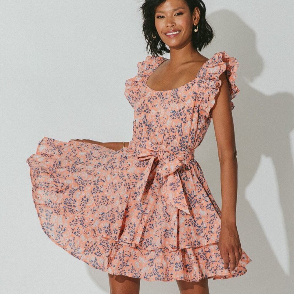 Cleobella Britt Mini Dress Sleeveless Positano Floral Flowers Tiered Pink Small